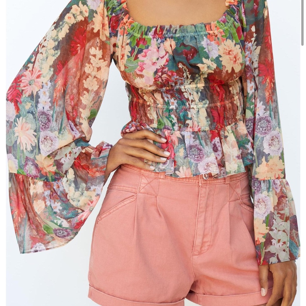 Smocked Peasant-Sleeve Blouse